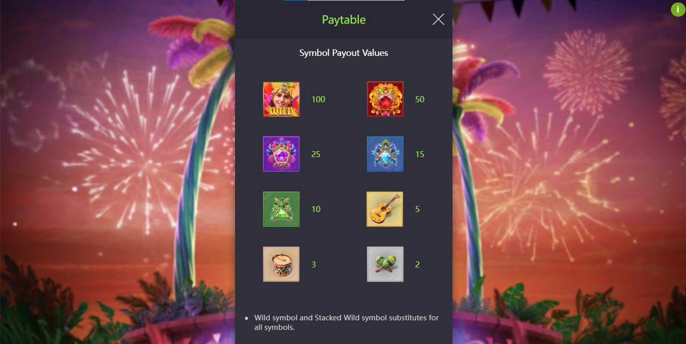 Rio Fantasia slot game rules, symbol payout values